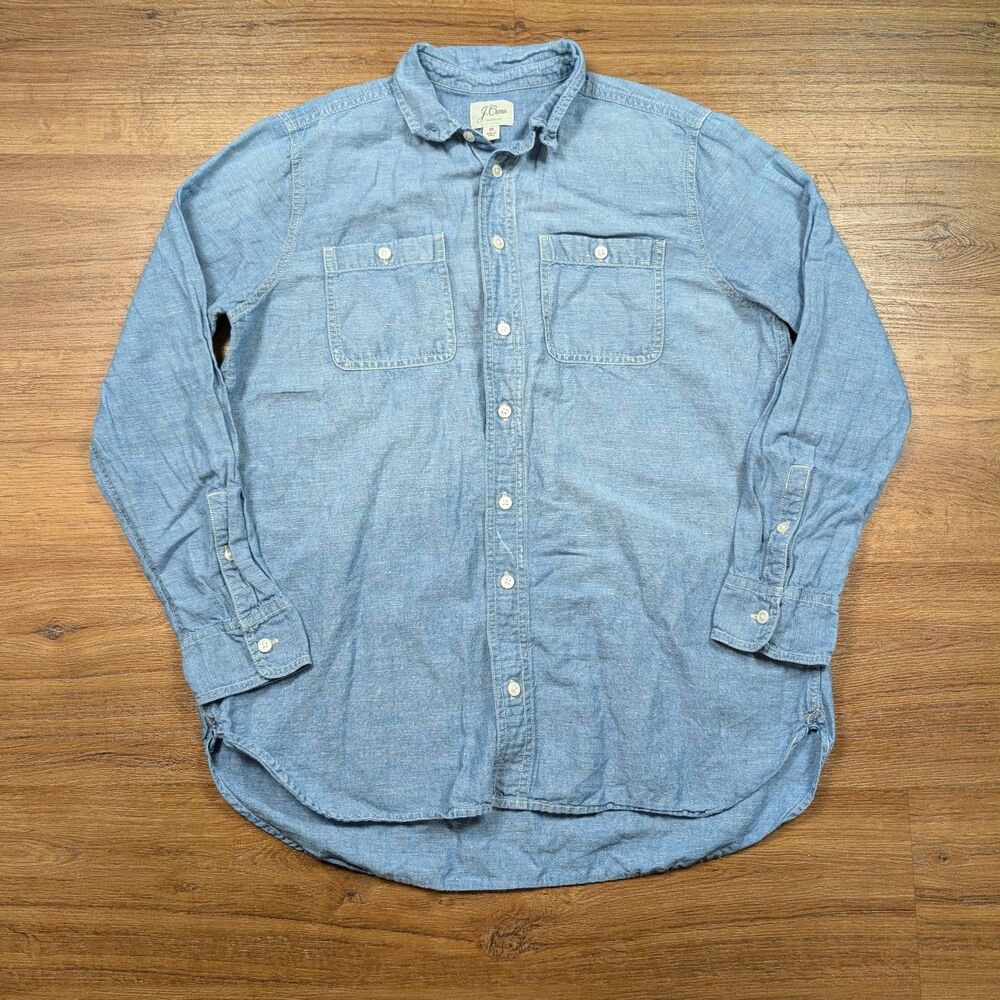 J Crew Button Up Chambray Shirt Women Size M Blue Linen Blend Long Sleeve Casual